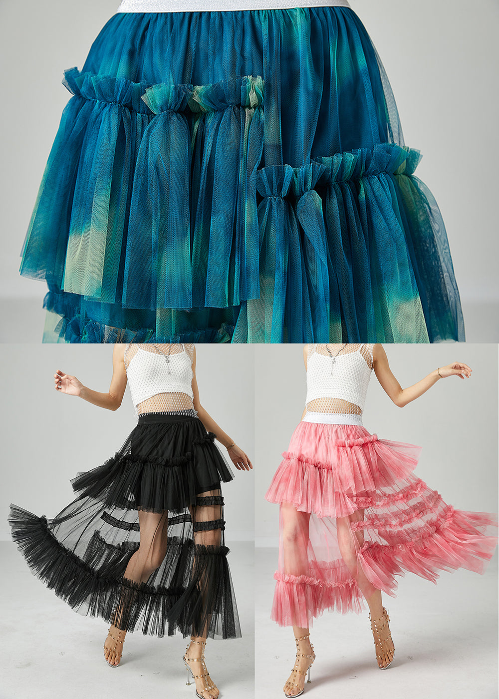 Black Patchwork Tulle A Line Skirts Wrinkled Exra Large Hem Summer