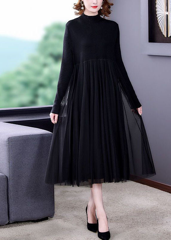 Black Patchwork Tulle Knit Long Dress Exra Large Hem Long Sleeve