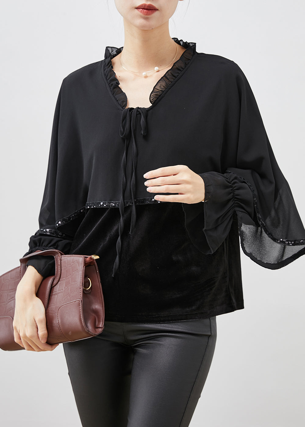 Black Patchwork Velour Chiffon Shirt Ruffled Lace Up Spring