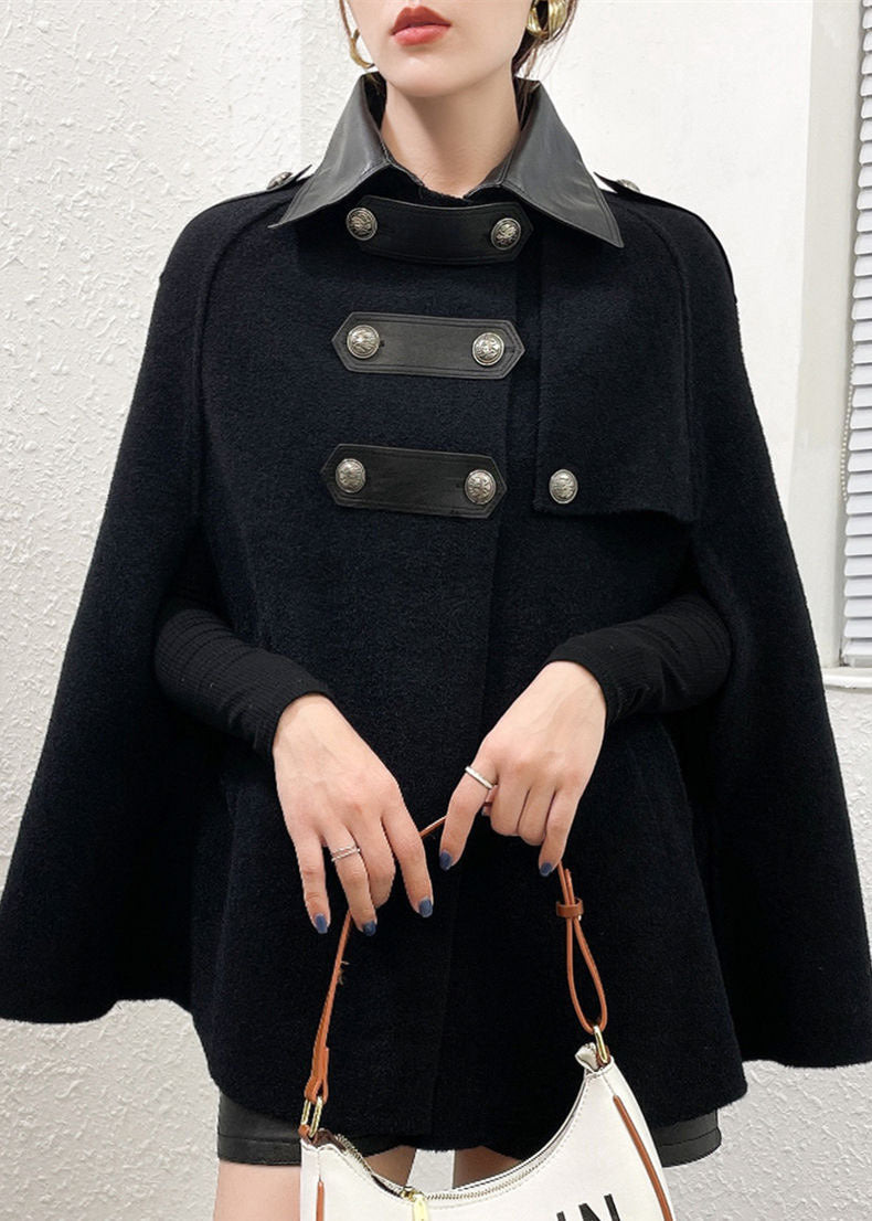 Black Patchwork Woolen Coats Peter Pan Collar Pockets Cloak Sleeves