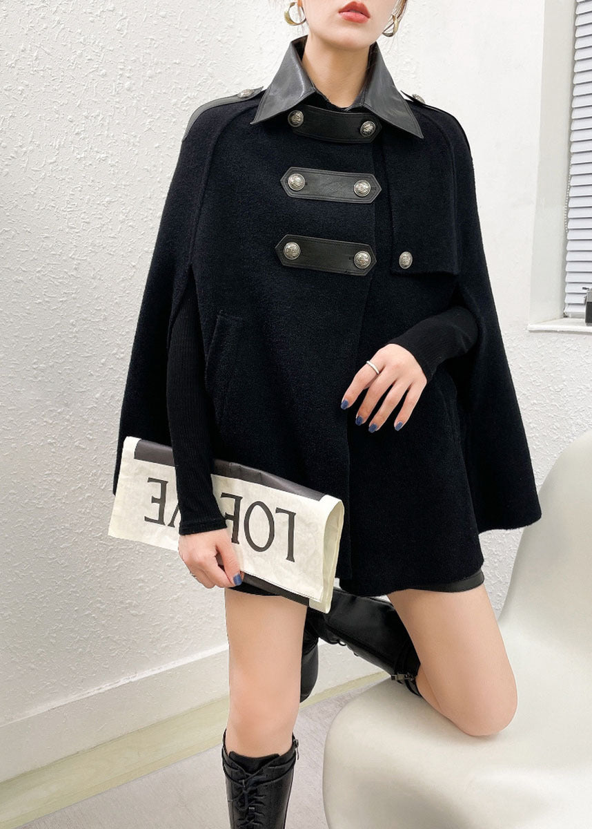 Black Patchwork Woolen Coats Peter Pan Collar Pockets Cloak Sleeves