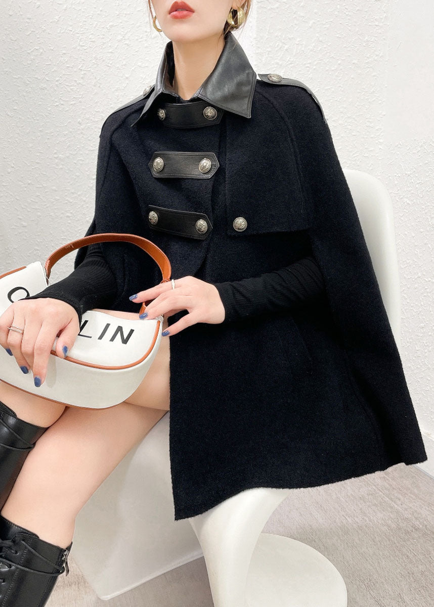 Black Patchwork Woolen Coats Peter Pan Collar Pockets Cloak Sleeves