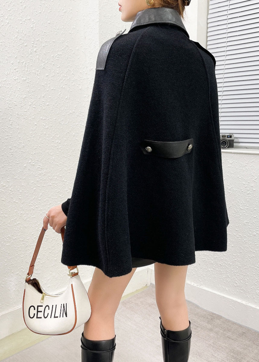 Black Patchwork Woolen Coats Peter Pan Collar Pockets Cloak Sleeves