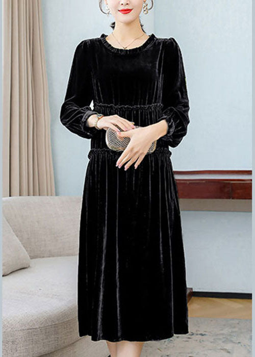 Black Patchwork Wrinkled Velour Dresses Spring