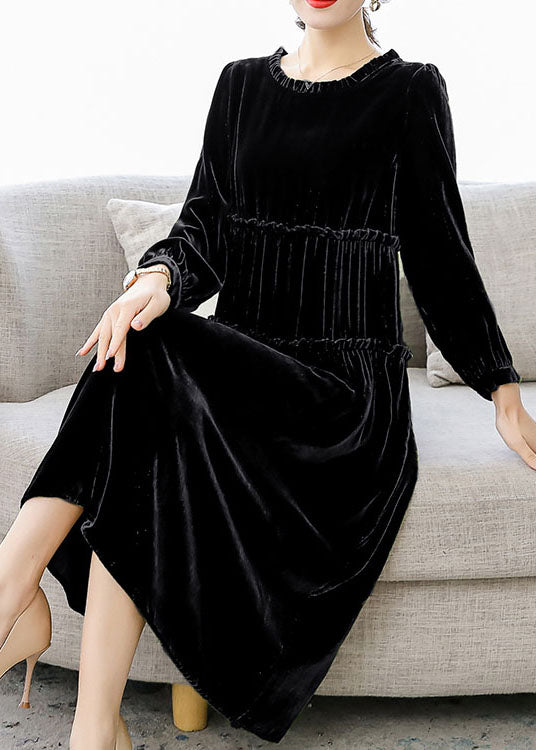 Black Patchwork Wrinkled Velour Dresses Spring