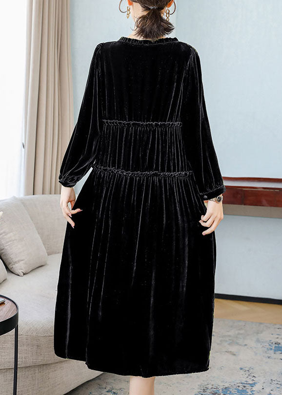Black Patchwork wrinkled Velour Dresses Spring