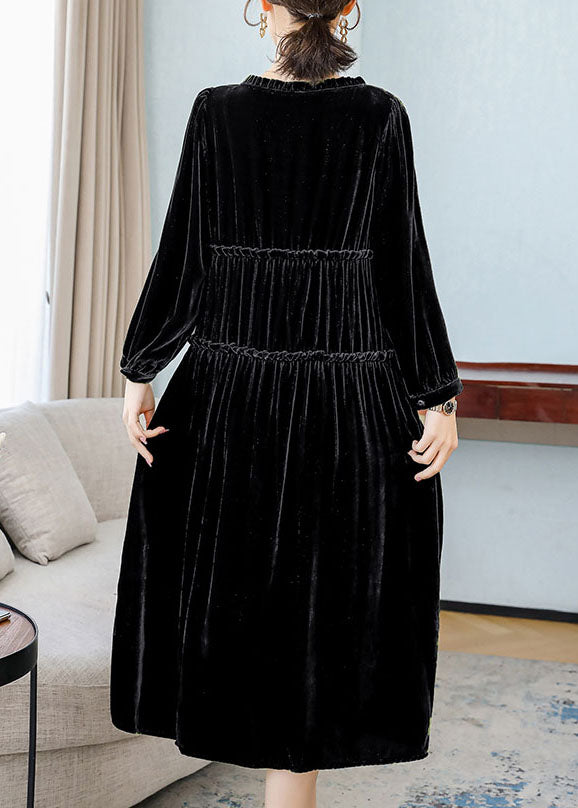 Black Patchwork Wrinkled Velour Dresses Spring