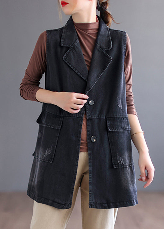 Black Peter Pan Collar Button Denim Waistcoat Long Sleeve