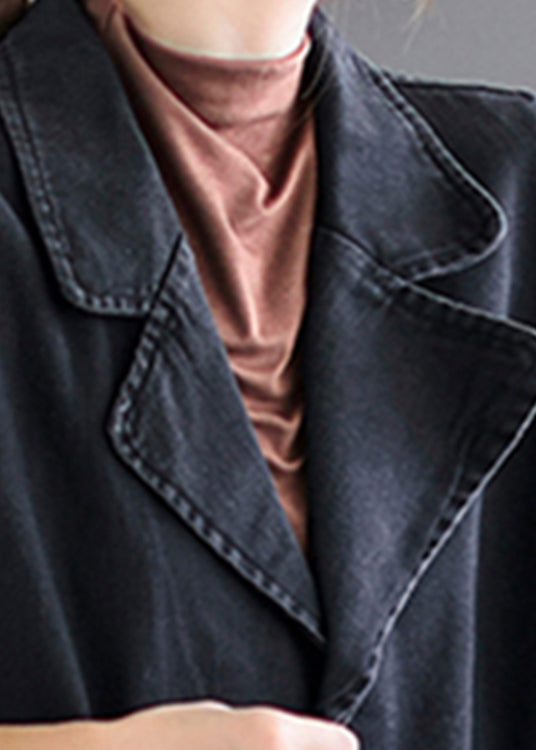 Black Peter Pan Collar Button Denim Waistcoat Long Sleeve