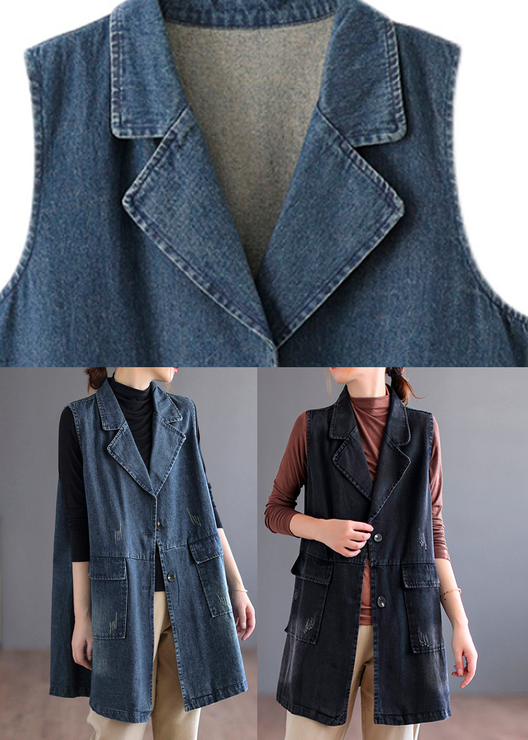 Black Peter Pan Collar Button Denim Waistcoat Long Sleeve