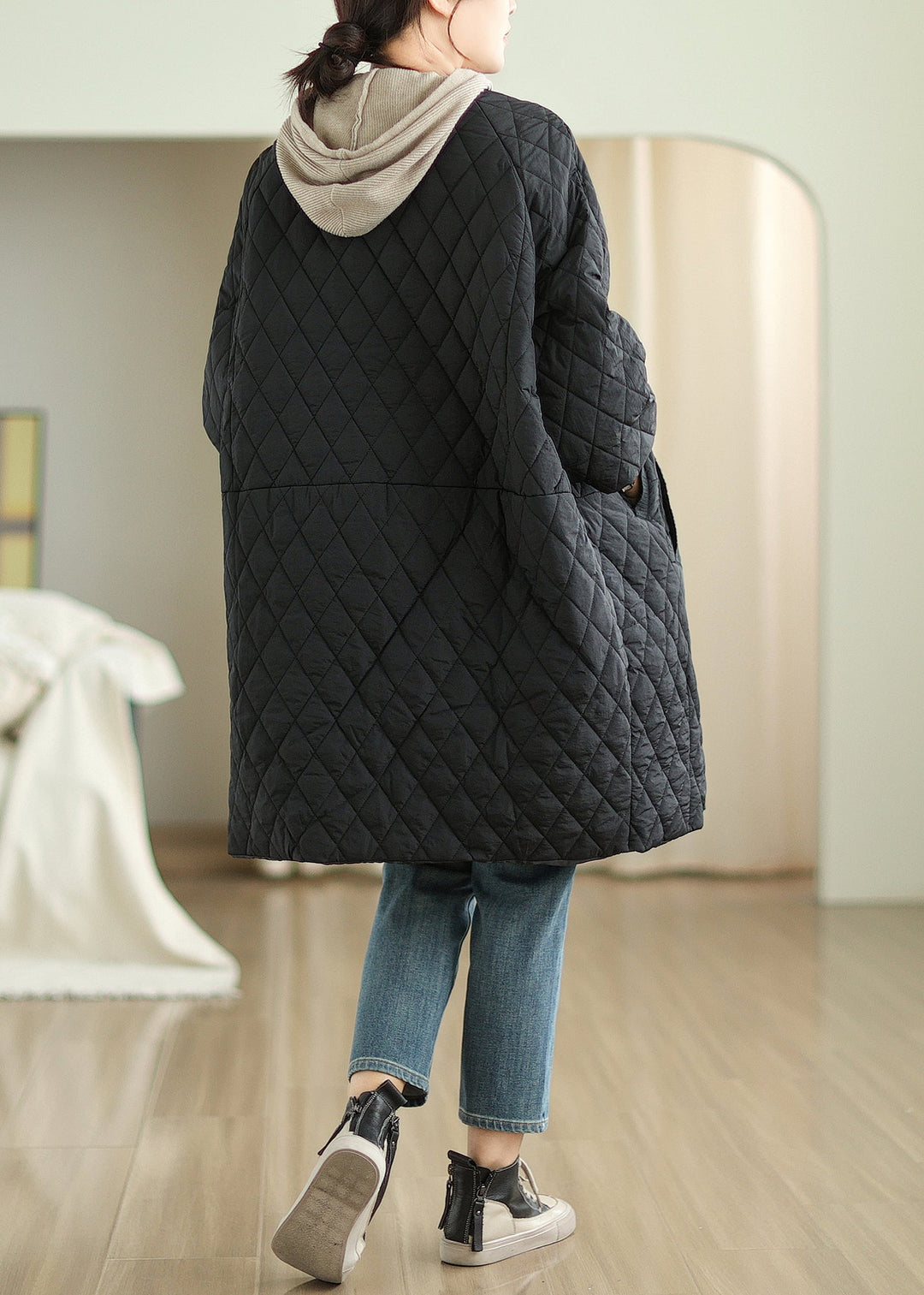 Black Pockets Loose Fine Cotton Filled Puffer Coat Hooded Winter