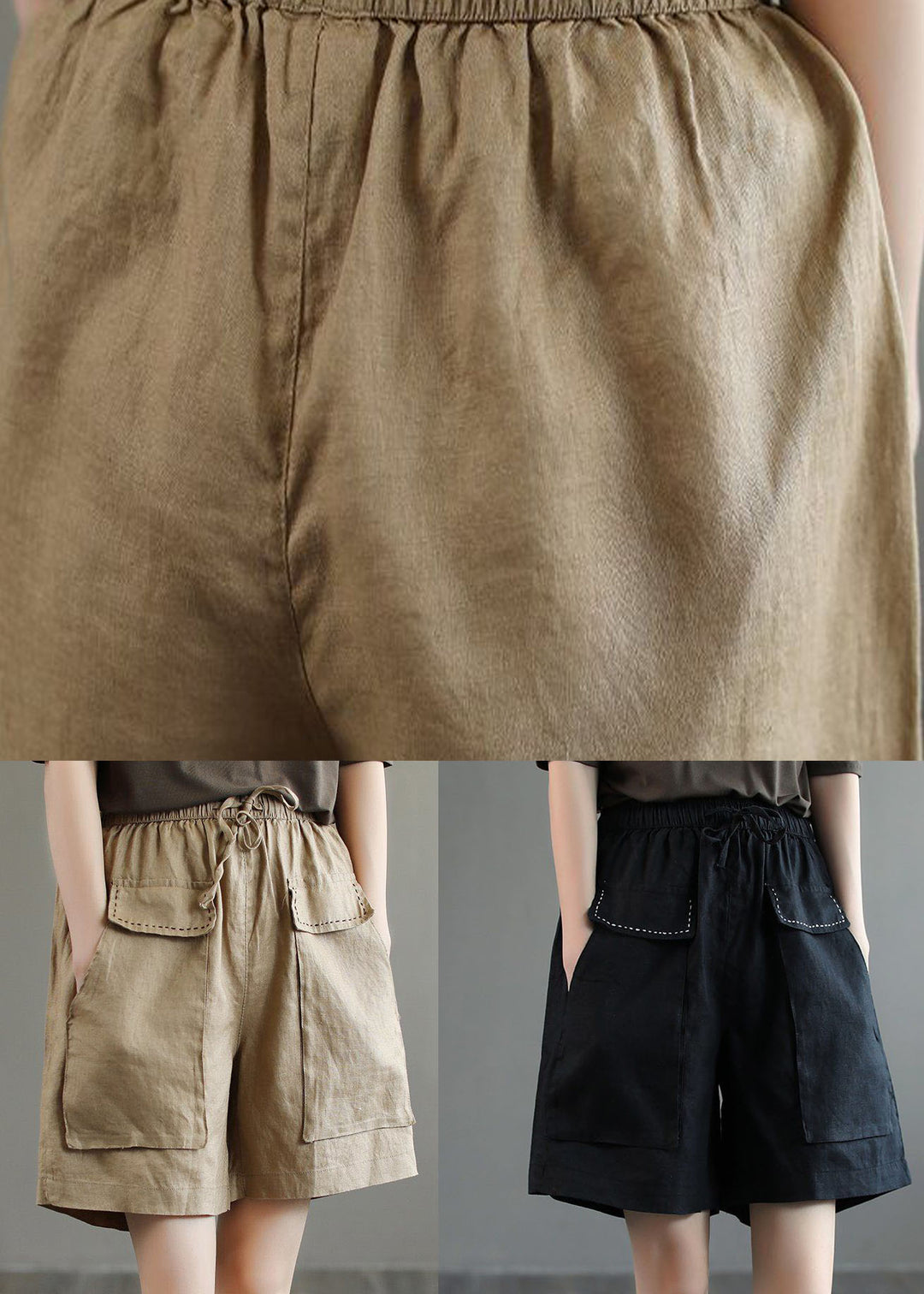 Black Pockets Patchwork Casual Linen Shorts Summer