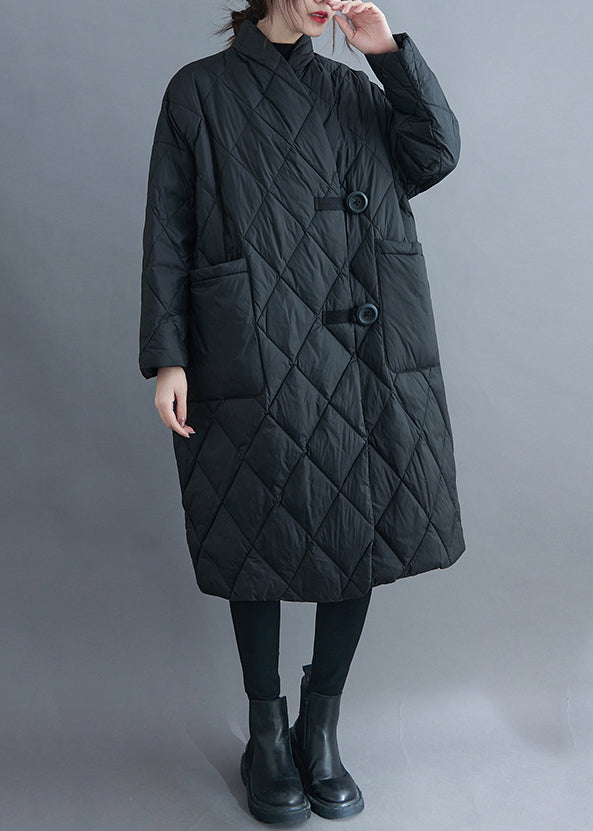 Black Pockets Patchwork Cotton Filled Long Parka V Neck Long Sleeve