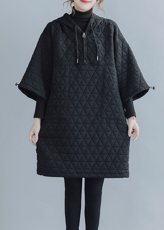 Black Pockets Patchwork Cotton Filled Mid Dress Zip Up Winter