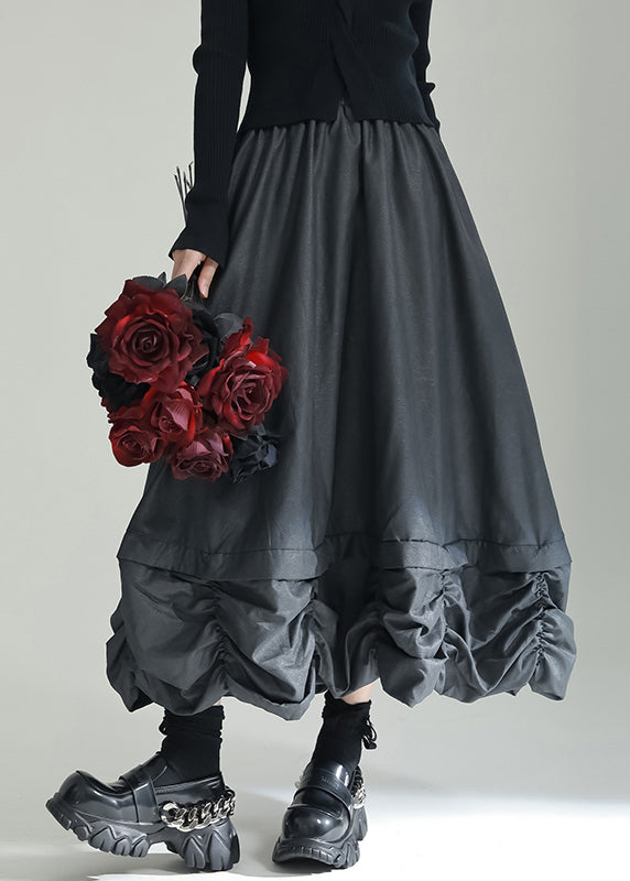 Black Pockets Patchwork Cotton Skirts Wrinkled Elastic Waist Fall