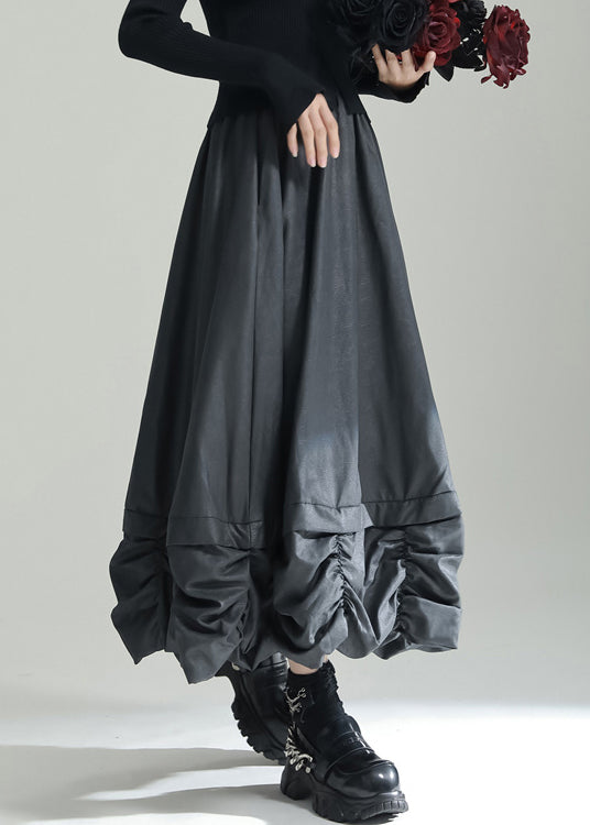 Black Pockets Patchwork Cotton Skirts Wrinkled Elastic Waist Fall