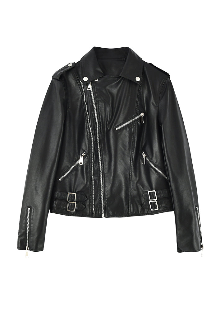 Black Pockets Patchwork Faux Leather Jacket Zip Up Fall
