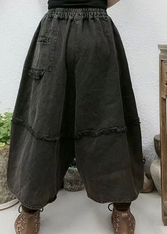 Black Pockets Patchwork Linen Crop Pants Elastic Waist Spring