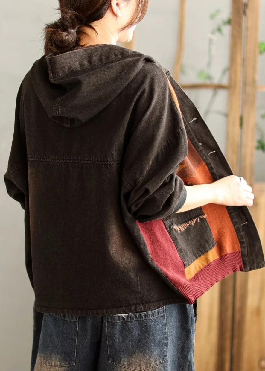 Black Pockets Patchwork Original Denim Coat Hooded Spring