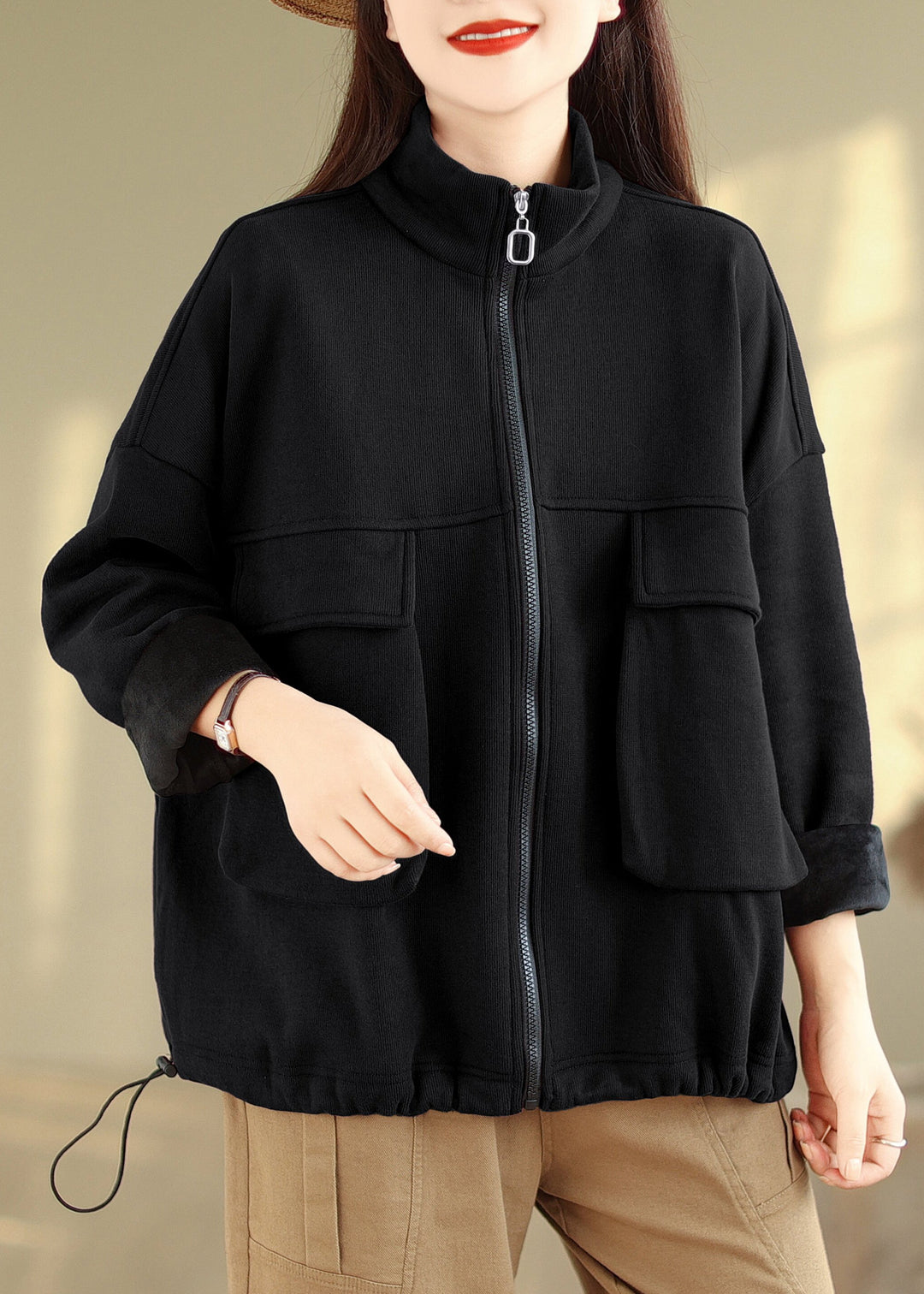 Black Pockets Patchwork Plus Size Warm Fleece Coat Zip Up Fall