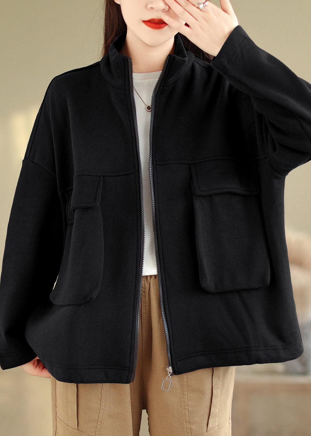 Black Pockets Patchwork Plus Size Warm Fleece Coat Zip Up Fall