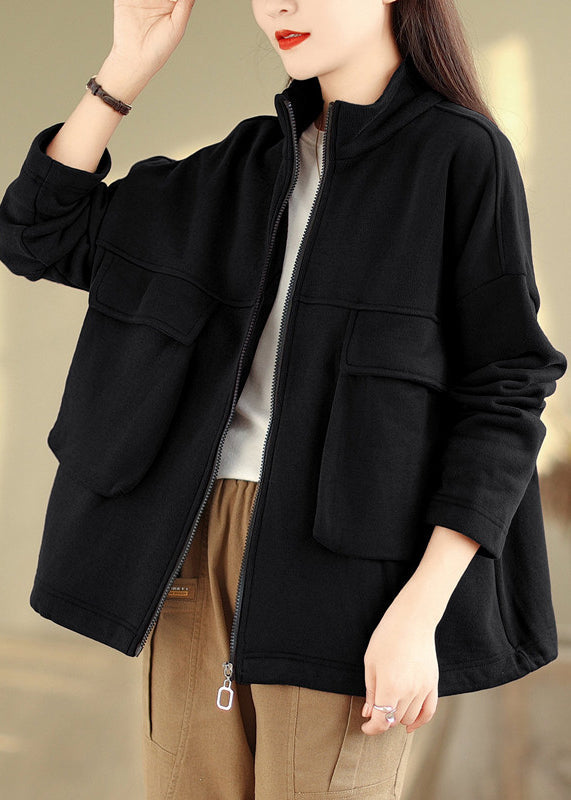 Black Pockets Patchwork Plus Size Warm Fleece Coat Zip Up Fall
