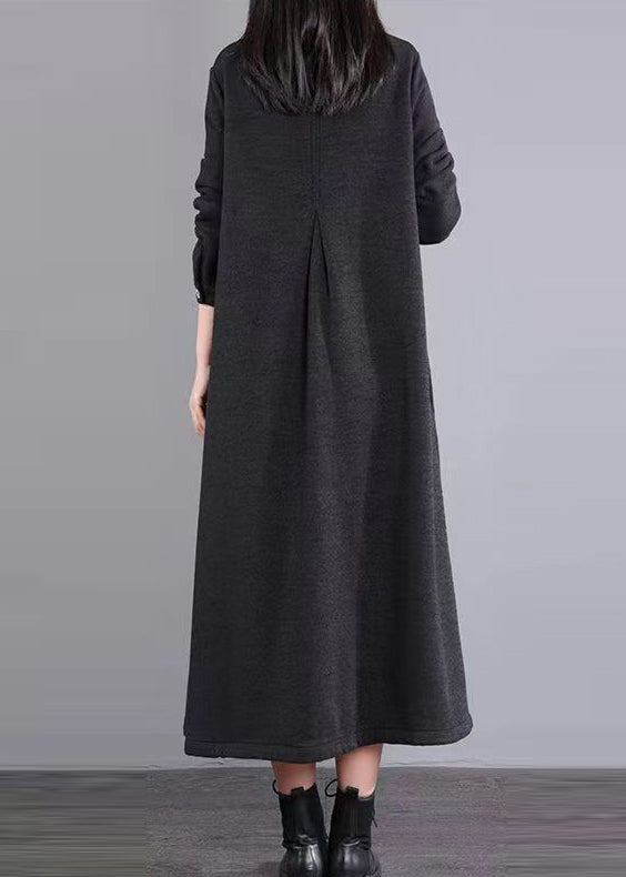 Black Pockets Patchwork Warm Fleece Dresses Peter Pan Collar Button Winter