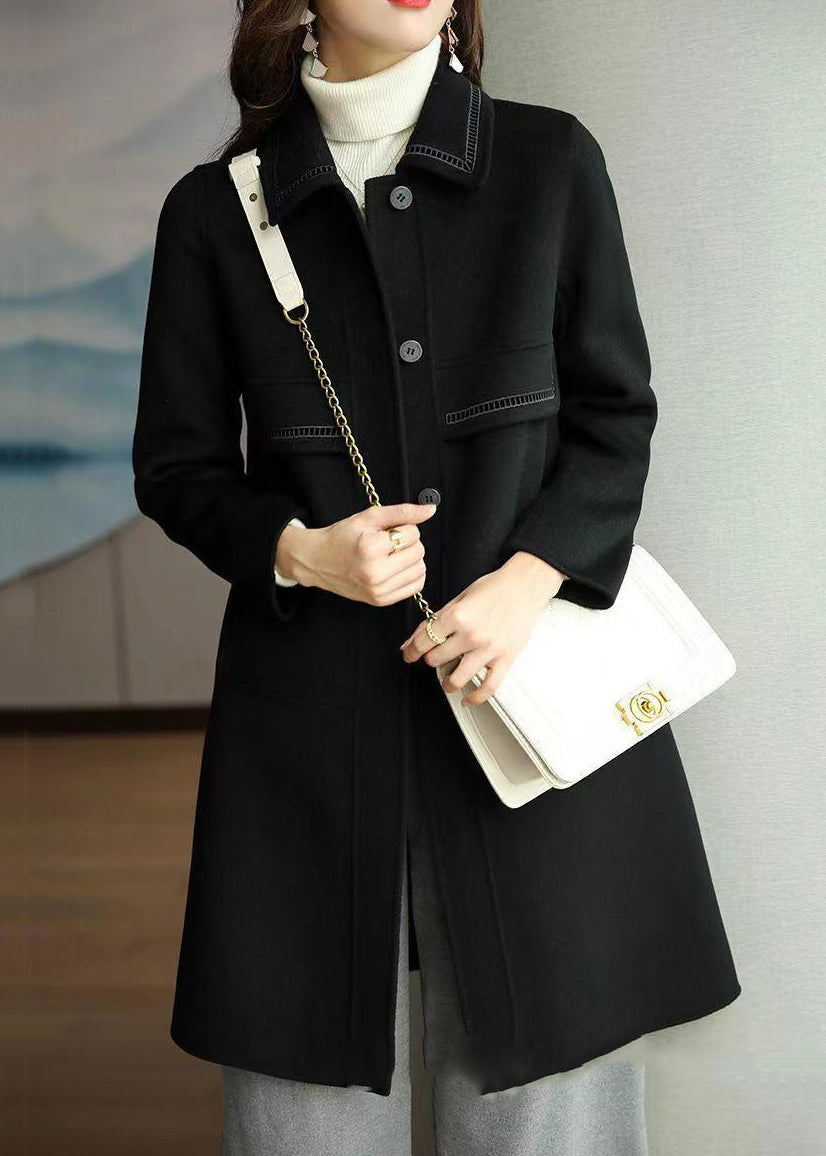 Black Pockets Patchwork Woolen Coats Peter Pan Collar Long Sleeve