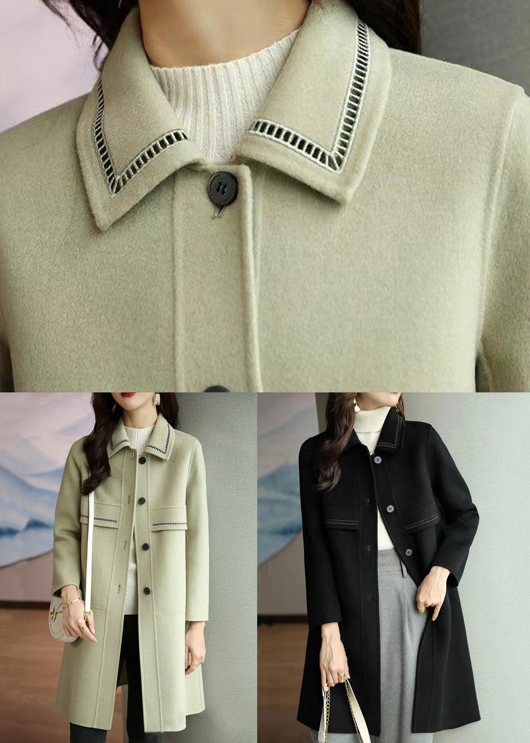 Black Pockets Patchwork Woolen Coats Peter Pan Collar Long Sleeve
