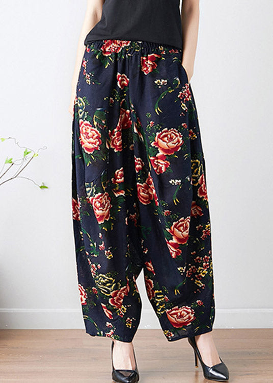 Black Pockets Print Wide Leg Pants Summer