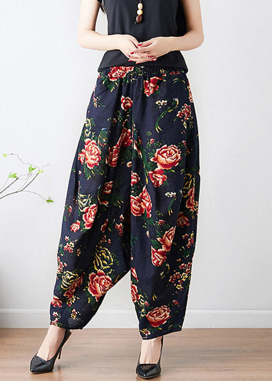 Black Pockets Print Wide Leg Pants Summer