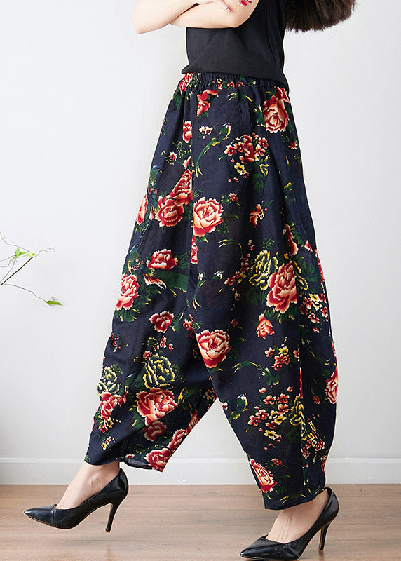 Black Pockets Print Wide Leg Pants Summer