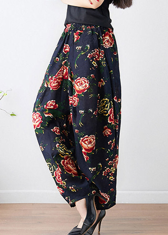 Black Pockets Print Wide Leg Pants Summer