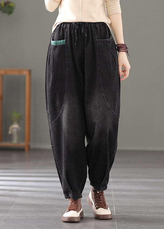 Black Pockets Tie Waist Cotton Pants Summer