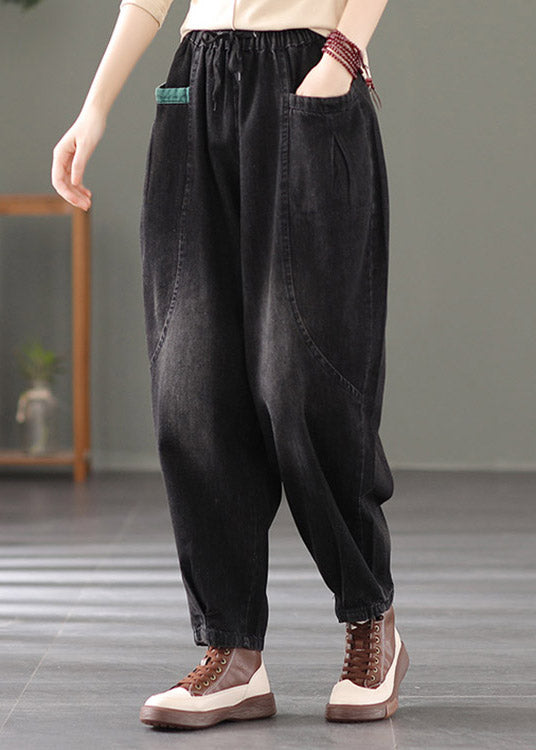 Black Pockets Tie Waist Cotton Pants Summer