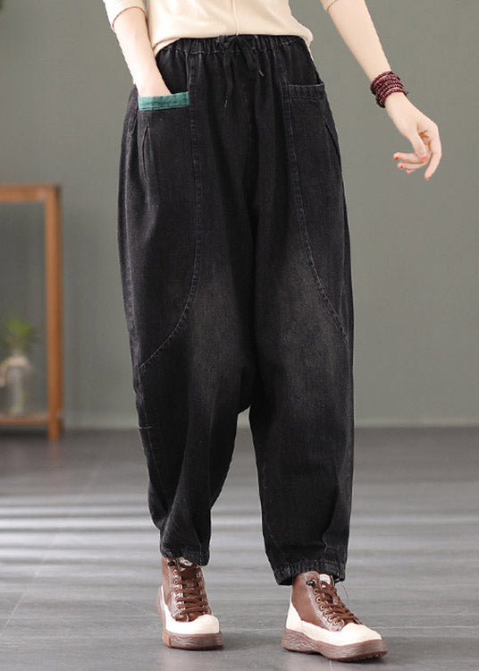 Black Pockets Tie Waist Cotton Pants Summer