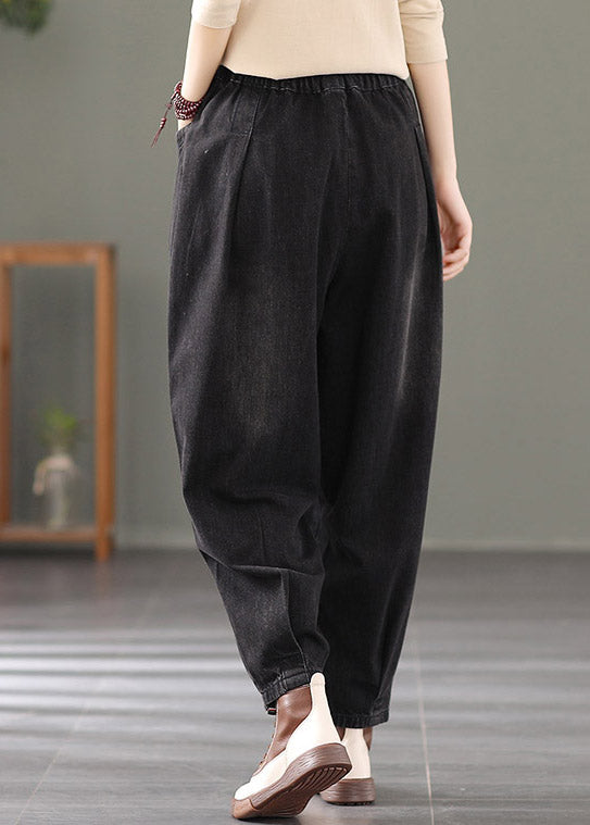 Black Pockets Tie Waist Cotton Pants Summer