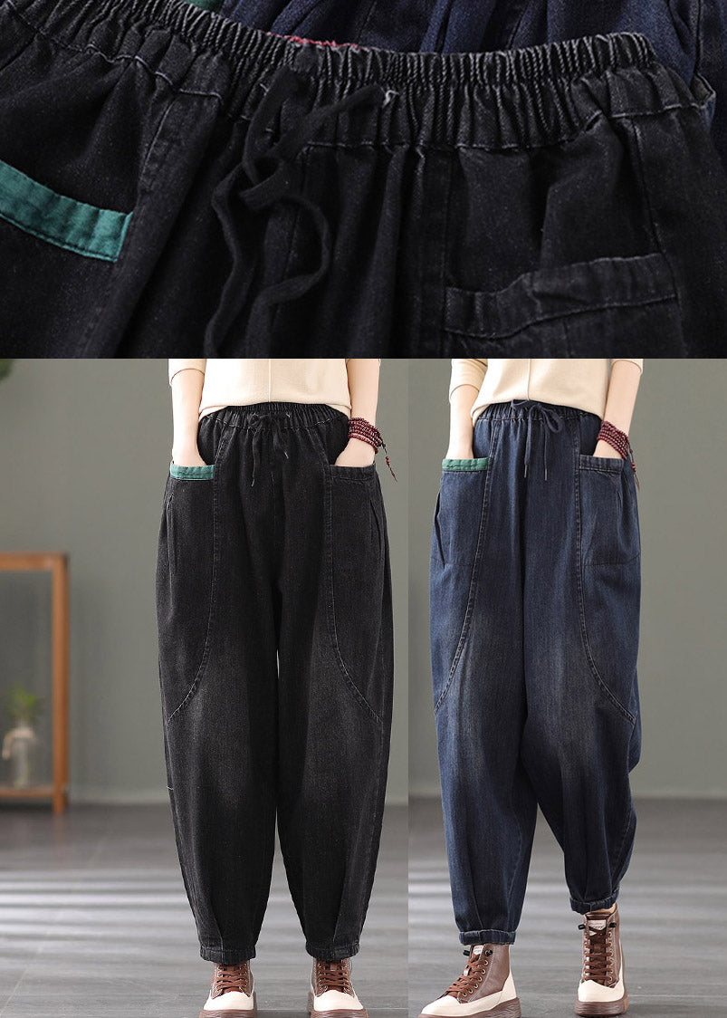 Black Pockets Tie Waist Cotton Pants Summer