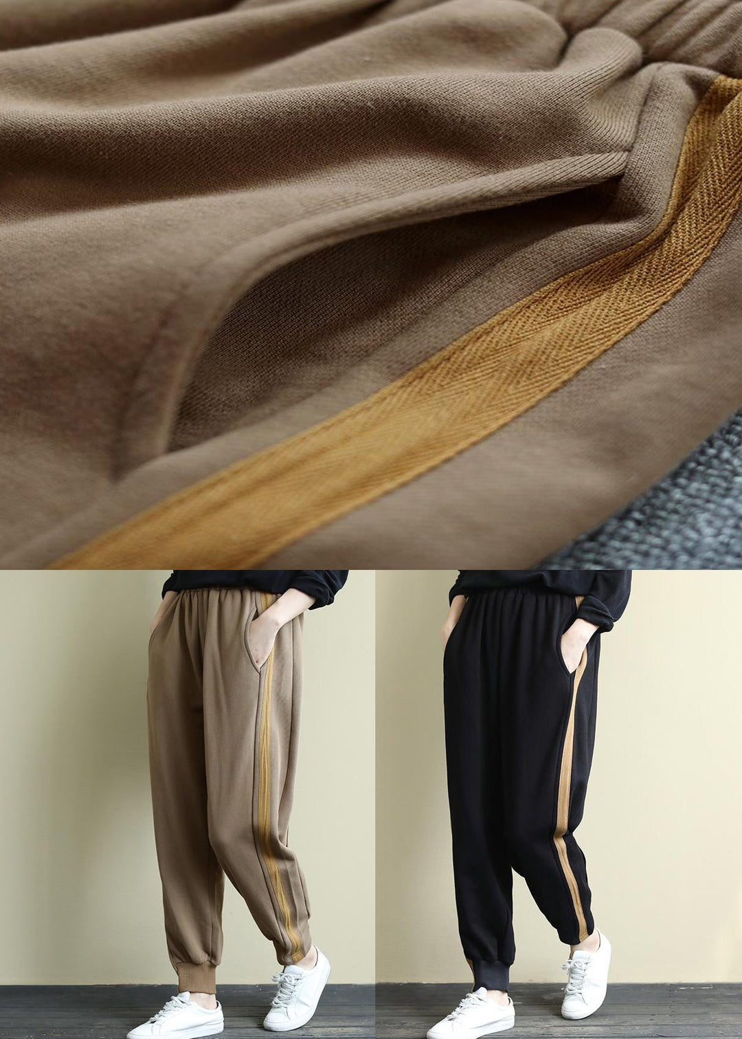 Black Pockets Versatile Warm Fleece Beam Pants Elastic Waist Winter