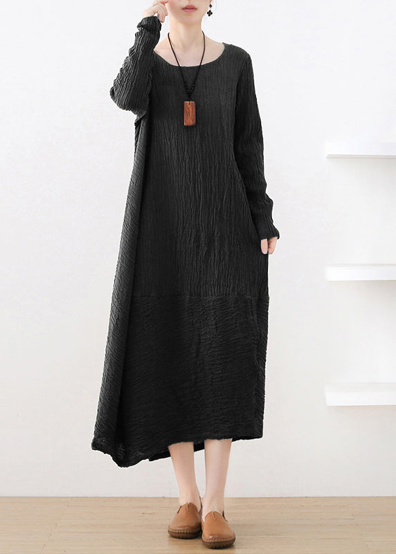 Black Pockets Wrinkled Cotton Maxi Dresses Long Sleeve