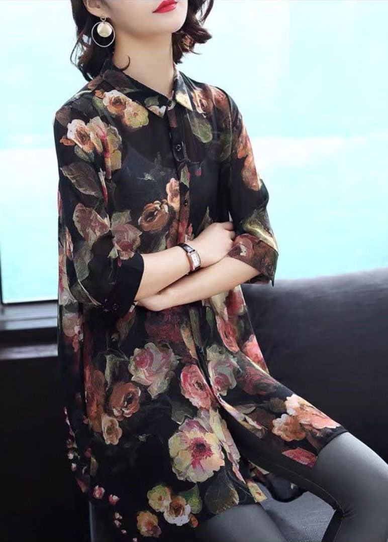 Black Print Chiffon Long Shirt Turn-down Collar Button Bracelet Sleeve