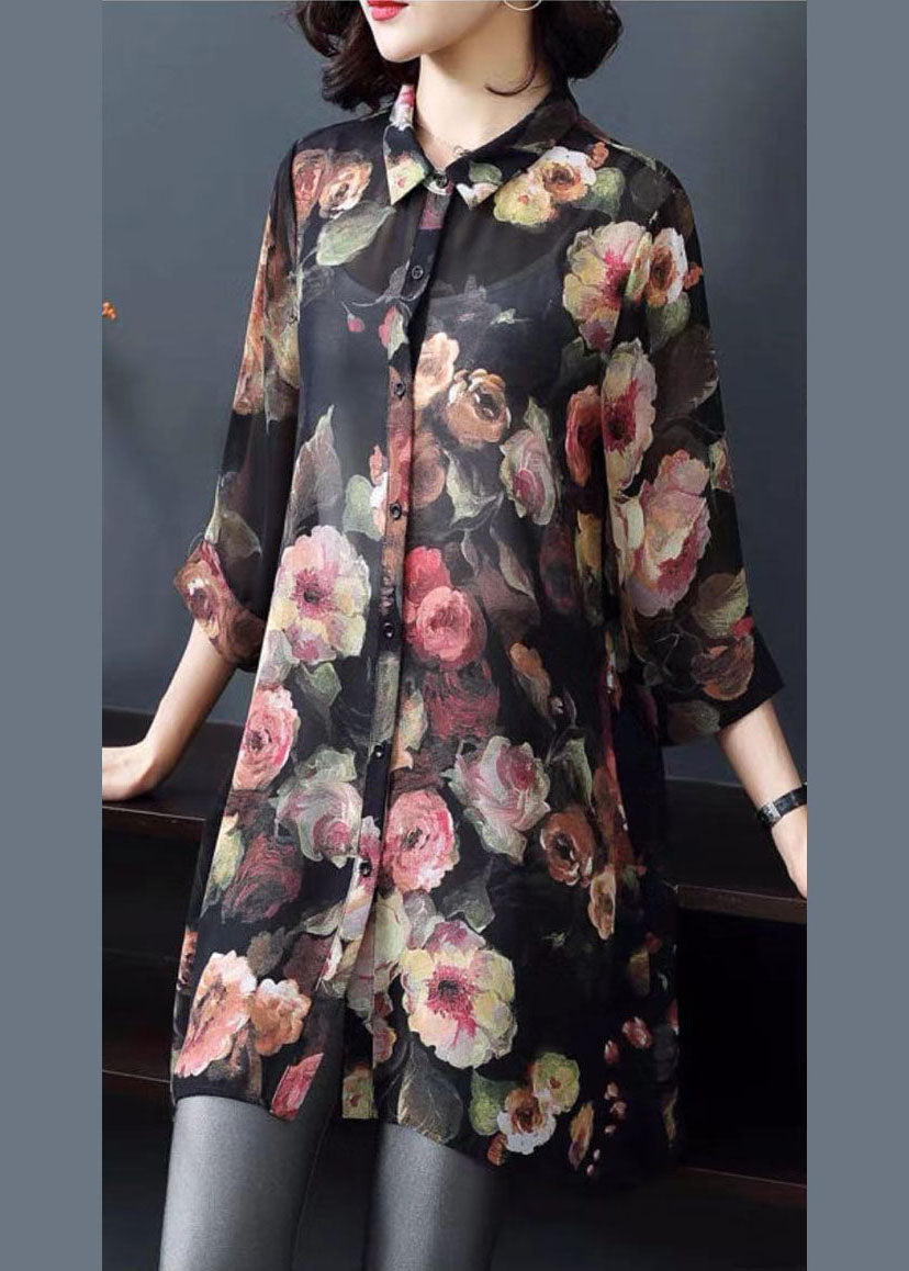 Black Print Chiffon Long Shirt Turn-down Collar Button Bracelet Sleeve