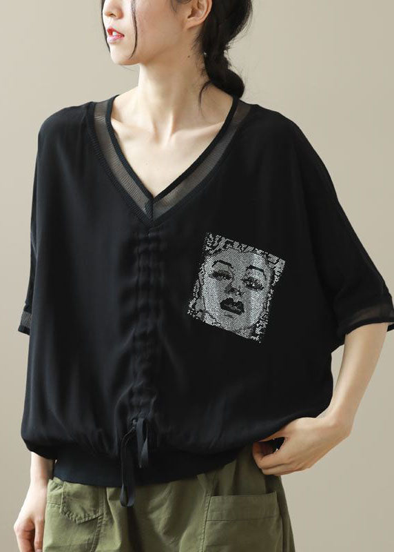 Black Print Chiffon Shirt Top V Neck Drawstring Batwing Sleeve