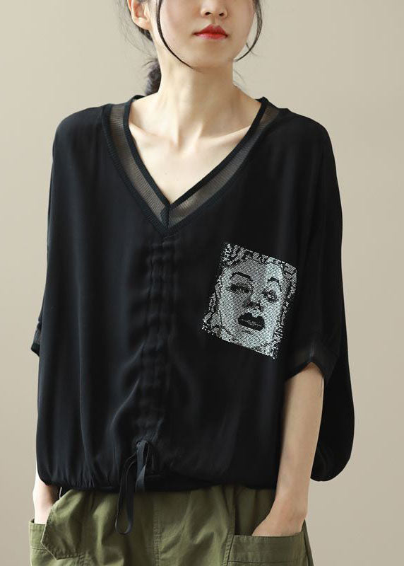 Black Print Chiffon Shirt Top V Neck Drawstring Batwing Sleeve