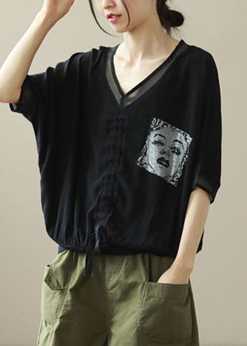 Black Print Chiffon Shirt Top V Neck Drawstring Batwing Sleeve