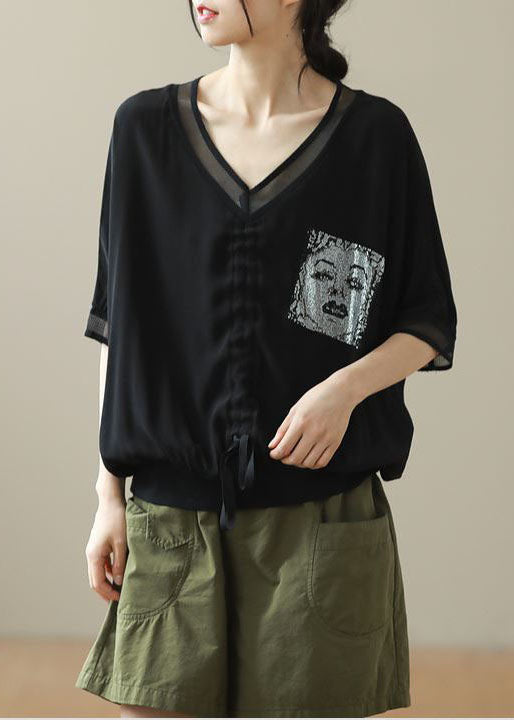 Black Print Chiffon Shirt Top V Neck Drawstring Batwing Sleeve