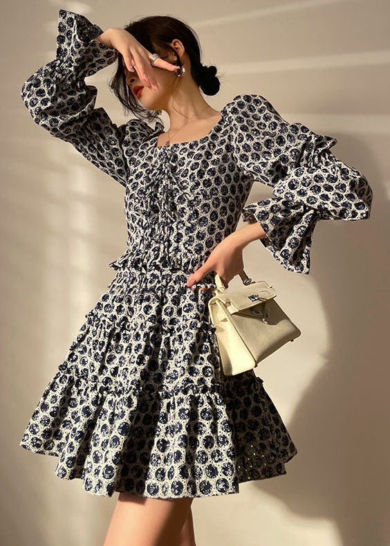 Black Print Cotton Pleated Dress Two Piece Set Women Clothing Lace Up Long Sleeve