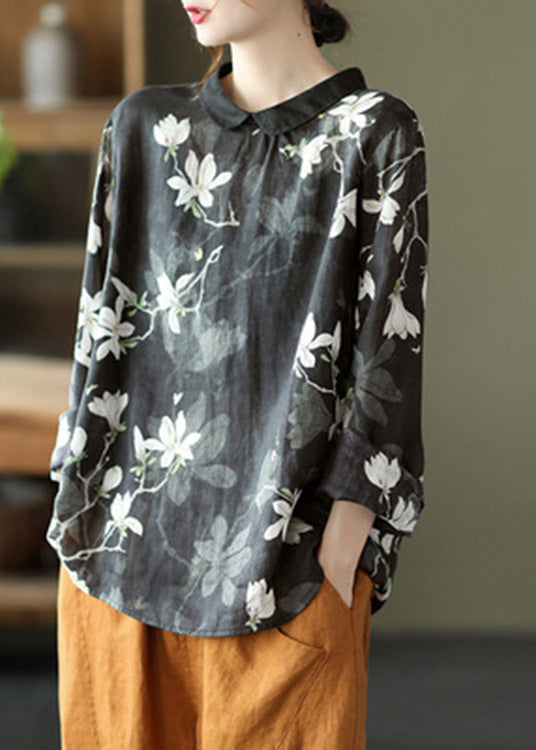 Black Print Cozy Ramie Top Long Sleeve