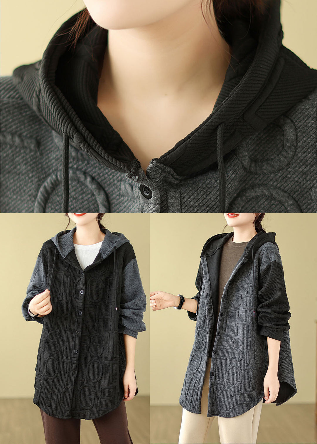 Black Print Drawstring Hooded Coats Fall