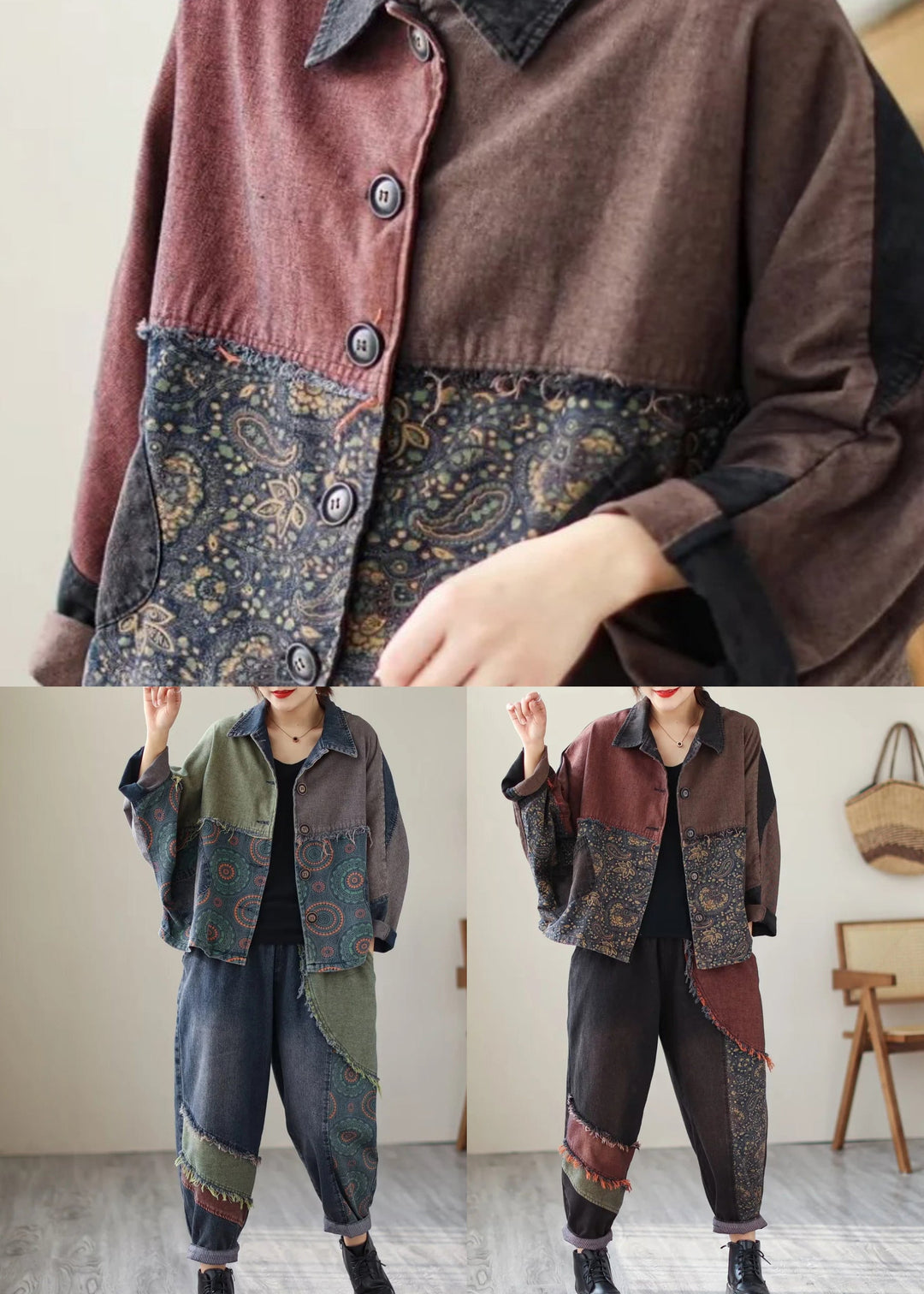 Black Print Patchwork Coats And Pants Denim Two Piece Suit Set Fall